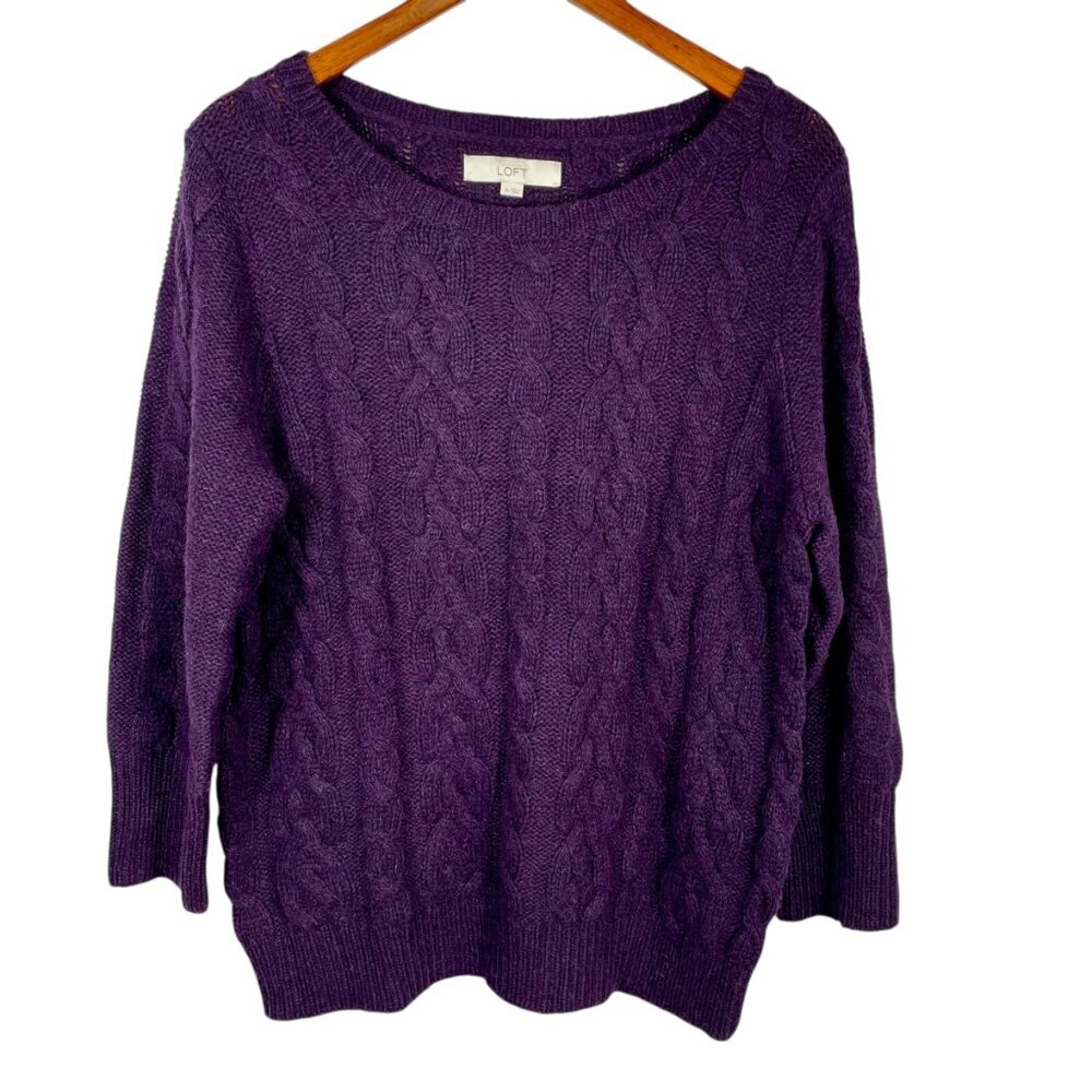 LOFT Purple Cable Knit Sweater XL Wool Blend Cozy Textured Pullover - Picture 9 of 9